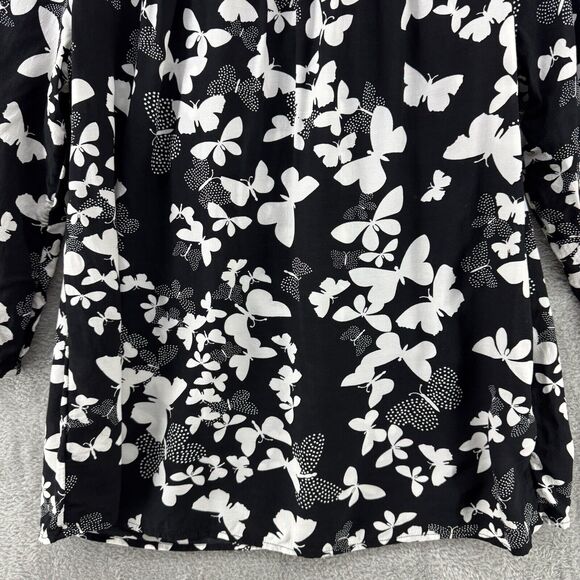 Talbots Top Womens L Black Butterfly Smocked Scoop Neck 3/4 Sleeves Elastic Cuff - Picture 10 of 15